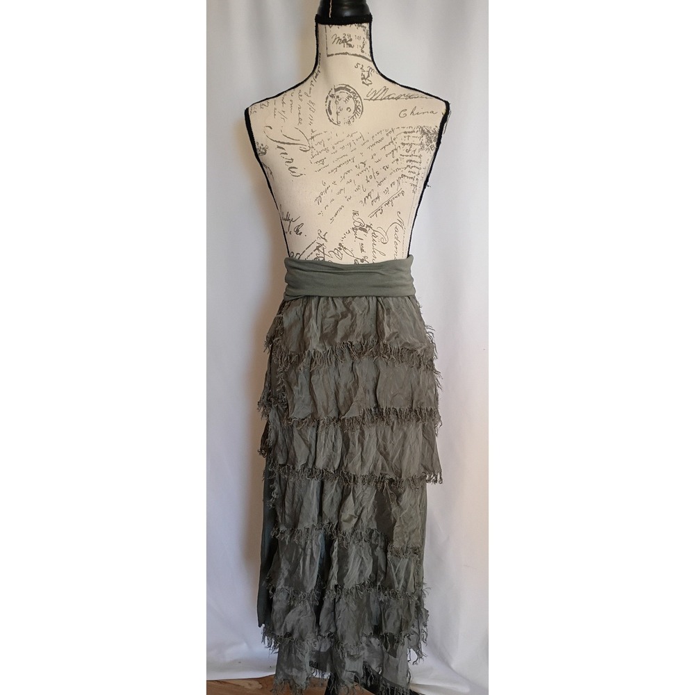Karamel Italy‎ Olive Tiered Ruffle Fringe Convertible Skirt Dress S Silk Blend